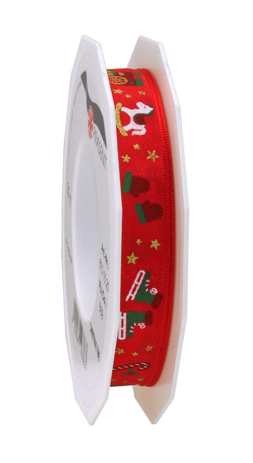 Präsent - Christmas Time Printed Ribbon Red 15 mm Width, 20 m Length