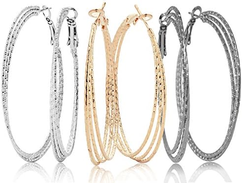 Hoop Earrings Set For Women Men Silver Gold Gunmetal Grey Tone Plate Round Fashion Jewelry 3 Pairs (GL7: 3 Tones - Large Hoop)