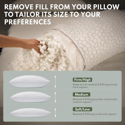 HEYCUZI Pillows Queen Size Set of 2 - Cooling Shredded Memory Foam Pillow for Sleeping 2 Pack, Adjustable Cool Bed Pillows for Side, Back, and Stomach Sleepers, Gel Pillow Washable Removable Cover