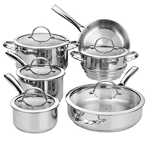Stainless-Steel 11-Piece Cookware Set, Each Stainless Steel Pan Features An Impact-Bonded Aluminum Disc To Ensure Even Heat Distribution And Is Dishwasher Safe For Easy Cleanup