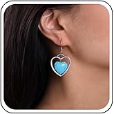 Erimberate Bohemian Turquoise Dangle Earrings Silver Hollow Heart Drop Earrings Small Turquoise Stone Earrings Blue Turquoise Heart Hook Earrings Jewelry for Women Gifts