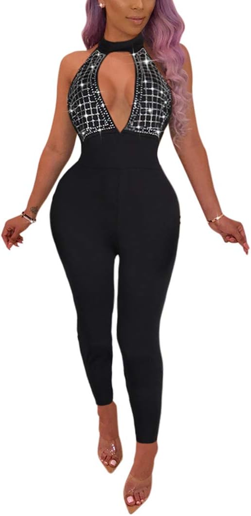 Womens Sexy Backless Halter Deep V Neck Jumpsuit Sleeveless Rhinestone Clubwear