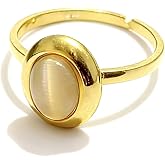 Loqimu Gold Plated Cat's Eye Ring for Women - Adjustable Minimalist Oval Gemstone Ring Stainless Steel Trendy Statement Jewelry Ring for Party Fashion Gift Accessory