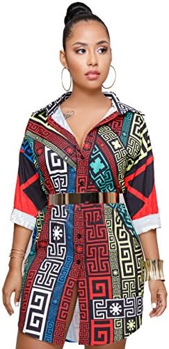 Hemkry Women Button Down Collar Dashiki Floral Long Shirt Blouse Mini Dress Top