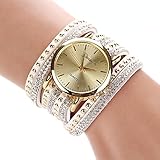 New Women Crystal Rivet Bracelet Quartz Braided Winding Wrap Wrist Watch White&black