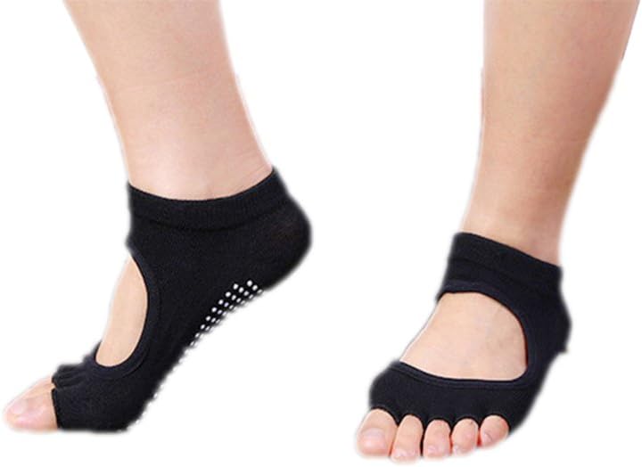 Ymacy Womens Half-Toe Yoga Socks Super Grip Non Slip Skid Pilates Barre Cotton Socks 3 Packs