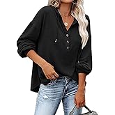 WROLEM Womens Hooded Button Collar Drawstring Hoodies Pullover Sweatshirts Casual Long Sleeve Top Shirts