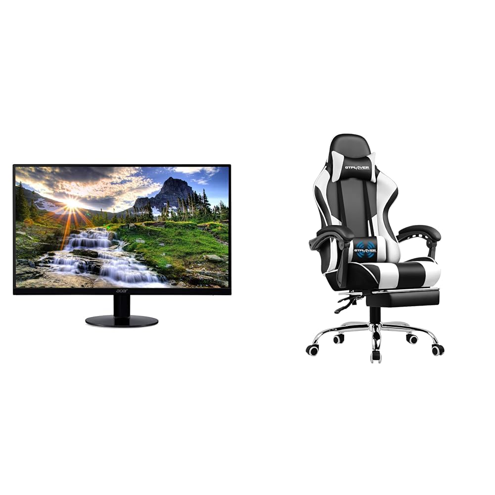 Acer 21.5 Inch Full HD (1920 x 1080) IPS Ultra-Thin Zero Frame Computer Monitor (HDMI & VGA Port) & GTPLAYER Gaming Chair, Computer Chair with Footrest and Lumbar Support Image