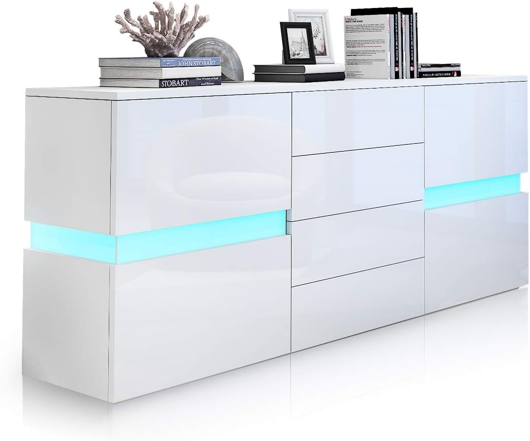 Luxsuite Sideboard Cabinet White Cupboard With Free Rgb Led Lighting High Gloss 2 Doors 4 Drawers For Dining Room Living Room Amazon Co Uk Kitchen Home