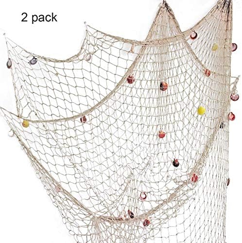 Lovetree Nautical Fish Net with Sea Shells Mediterranean Style for Home Decoration Blue,2x1.5 Meter ¡­ (2packs-beige with shells)