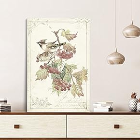 Vintage Style Birds Red Fruits on Floral Background