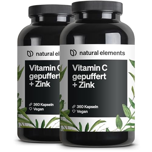 natural elements Vitamin C (2er Set) - 2x 360 Kapseln - Hochdosiert mit 1000mg + 15mg Zink - Pflanzlich fermentiert & gepuffert (pH-neutral, säurefrei
