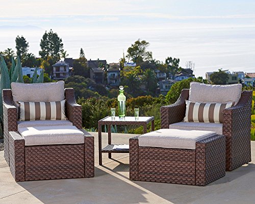 Solaura Outdoor 5-Piece Lounge Chair & Ottoman Furniture Set All Weather Brown Wicker with Beige Waterproof Cushions & Sophisticated Glass Coffee Side Table | Patio, Backyard, Pool