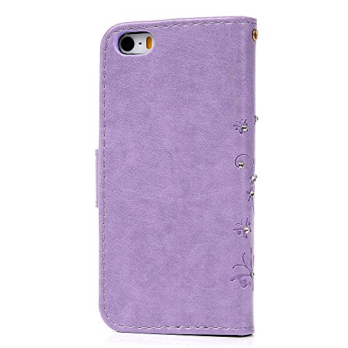 iPhone SE Case,iPhone 5S Case,iPhone 5 Case - Mavis's Diary 3D Handmade Wallet Bling Crystal Diamonds Butterfly Fashion Floral PU Leather with Hand Strap Magnetic Clasp Card Holders - Thumbnail 3