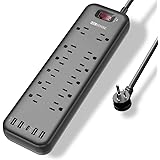 Power Bar, MKSENSE Surge Protector with 12 Outlets & 4 USB Ports & 1 Type-C Port (5V/3A), 2360 Joules, Angled Flat Plug, Spac
