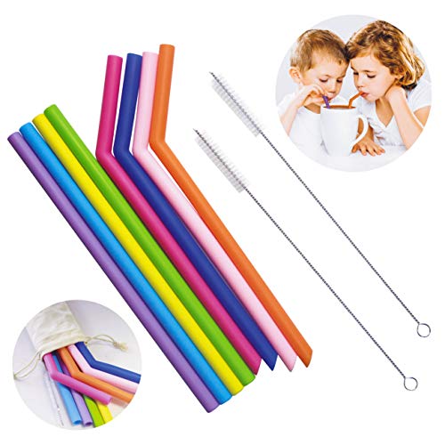 Silicone Straws,8 Smoothie and Juice Straws with 2 Cleaning Brushes,BPA Free Reusable Drinking Straws,Extra Long Bendy Straw for Hot & Cold Drinks