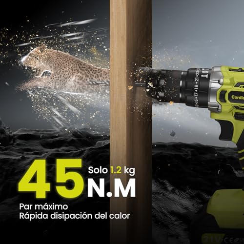VIWKO 21V Battery Hammer Drill, 25+3 Adjustment Cordless Hammer Drill, 45NM Drill Driver Battery, 2x2.0Ah Batteries, 2 Speed, 10 mm Metal Drill Chuck, 29 Accessories, LED