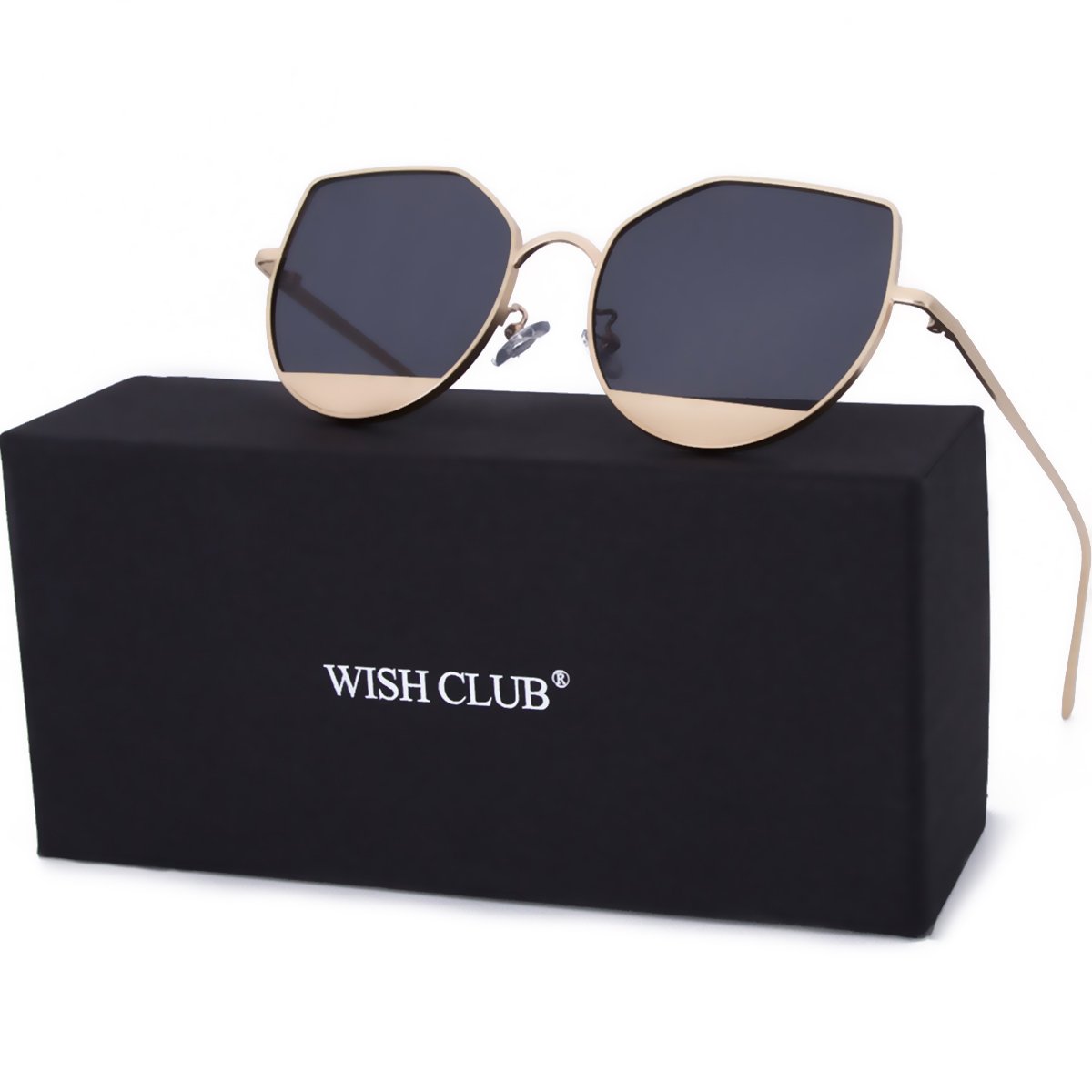 WISH CLUB Cat Eye Sunglasses Coating Mirrored Flat Lenses Fashion Metal Frame Women UV 400(Black)