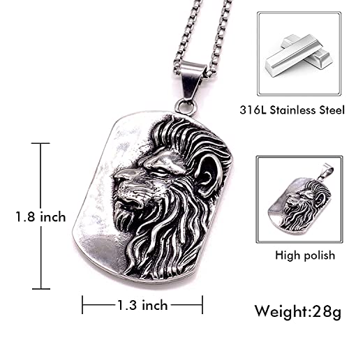 Zoesky Stainless Steel Vintage Convex King Lion Head Men Women Fashion Military Army Style Dog Tag Pendant Necklace, 24\'\' Stainless Steel Chain