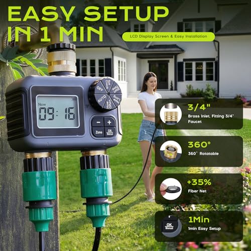 IPX5 Waterproof Automatic Watering Timer with Brass Input and Output, Rain Delay, Automatic and Manual Watering, Irrigation Timer for Garden Lawn