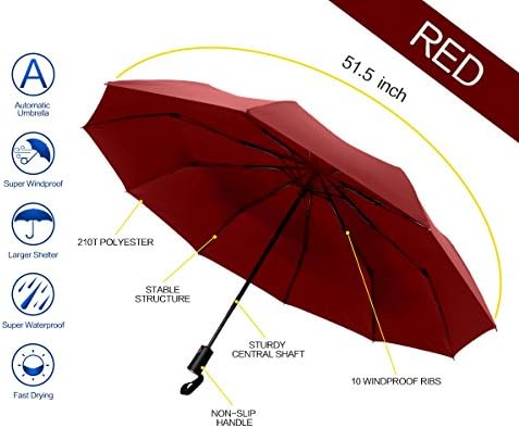 Rainwalk Travel Umbrella-60MPH Windproof, 10 Ribs, Auto Open/Close (Wine Red)