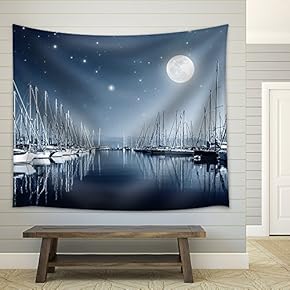 Beautiful Landscape of Yacht Harbor at Night, Full Moon, Marina in Bright Moonlight - Fabric Wall Tapestry Home Decor - 51x60 inches