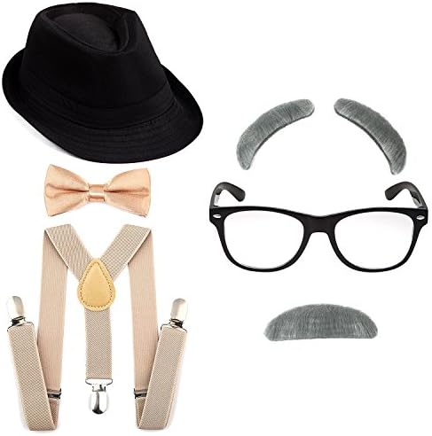 1920's Boys Fedora Gangster Hat,Suspenders w/Pre-Tied Bow Tie, Old Man Eyebrows,Moustache,Nerd Fake Glasses
