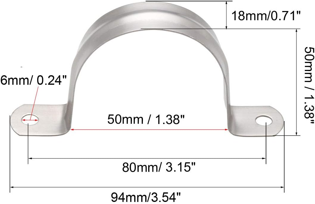 sourcing map 50mm(2") Rigid Pipe Strap, 2 Holes 304 Stainless Steel Tension Tube Clip Clamp 4pcs, Silver - Image 3