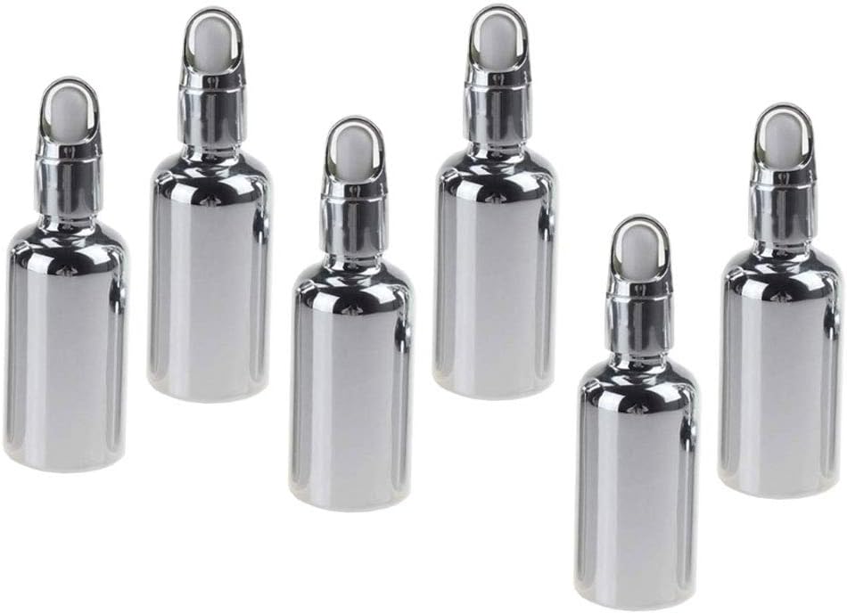 6-Pack of 8 Dram / 1 oz / 30 mL Glossy Shiny All Silver Finish UV Proof Dropper Bottle for Tincture, Serum, Essential Oils & Cosmetics