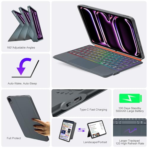 iPad Pro 13-inch Case with Keyboard (M5 2025, M4 2024), Magnetic Detachable Backlit, Multi-Touch Touch Panel, Horizontal/Vertical, 160° Adjustable Stand, Slim Protective Case (Grey)