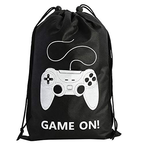 AhlsenL 24 Pack Video Game Bags Black Gaming Party BagsÂ Pattern White Gamepad Two Drawstring with Button Non-WovenÂ Fabrics forÂ Kids Birthday Party