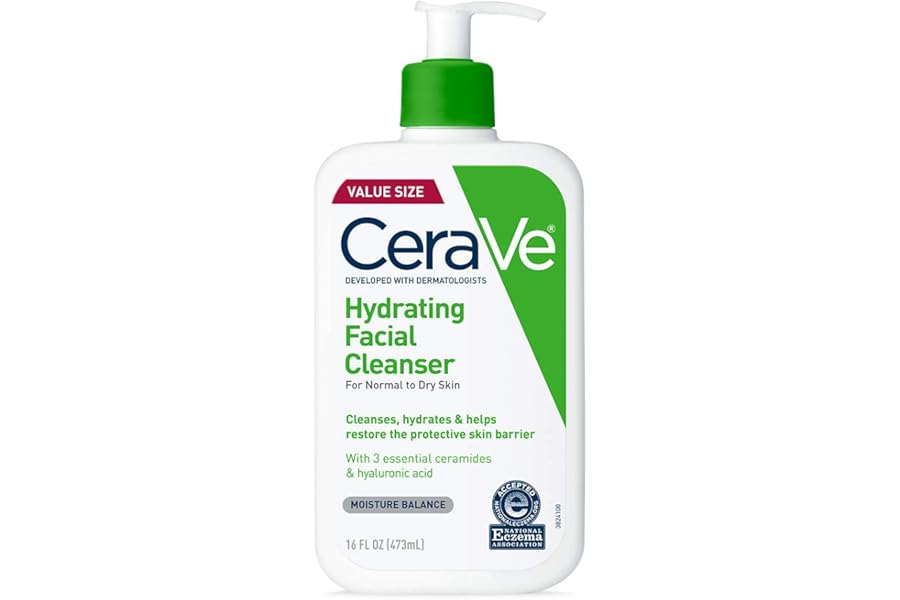 CeraVe Hydrating Facial Cleanser, Moisturizing Face Wash For Dry Skin, Hyaluronic Acid + Ceramides + Glycerin, Hydrating Cleanser For Normal To Dry Skin, National Eczema Association Certified