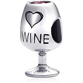Wine Glass Cup Charms fit Pandora Valentines Day Bracelet, 925 Sterling Silver Wine Bottle Beads with Red CZ, Cocktail Goblet Charm, Birthday Gifts for Wedding/Nana/Wife/Couple