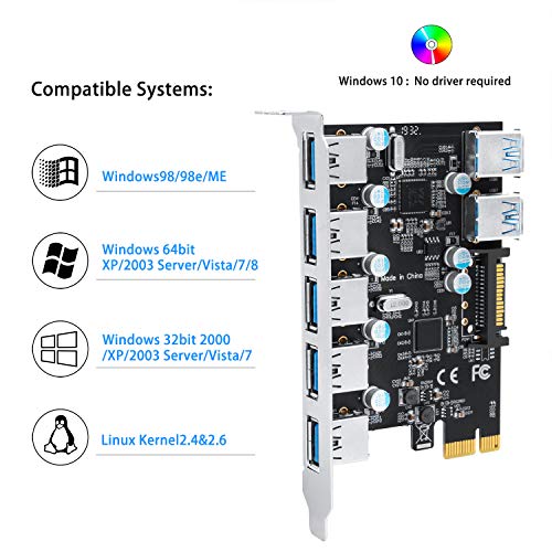 QNINE 7 Ports PCIe USB 3.0 Card, 5 USB 3.0 Ports and 2 Rear USB 3.0 PCIe Expansion Card Include 3.5'' USB 3.0 Front Panel Expansion Bay and 2 Power Cables - Thumbnail 4