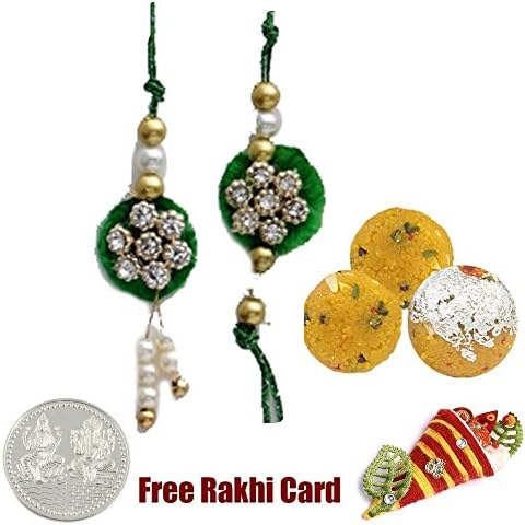 Guaranteed Delivery Bhaiya Bhabhi Rakhi with Rajbhog 225 Grams Boondi Ladoo Laxmi Ganesh Coin