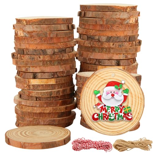 QTLCOHD Natural Wood Slices, 100 Pcs 2.4-2.8 Inch Unfinished Wood Craft Kit Predrilled with Hole, Wood Circles for DIY Rustic Crafts Wooden Coasters Christmas Ornaments Wedding Decor