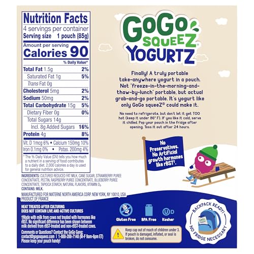 GOGO SQUEEZ YOGURTZ BANANA, 3 OZ (PACK OF 4), KIDS SNACKS MADE FROM REAL YOGURT AND FRUIT, PANTRY FRIENDLY, NO FRIDGE NEEDED, GLUTEN FREE AND NUT FREE, RECLOSEABLE CAP, BPA FREE POUCHES