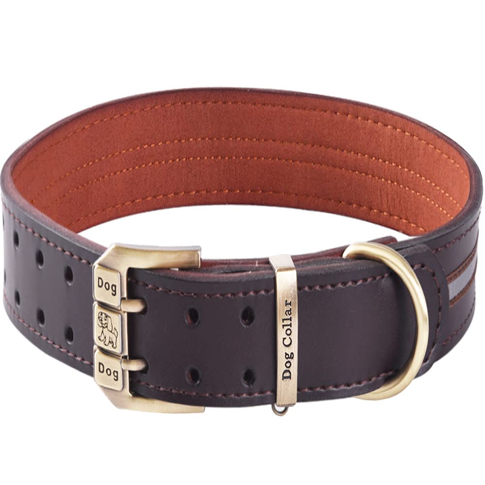 Reflective Genuine Leather Dog Collar Heavy Duty Adjustable Soft Padded for Small, Medium Large and Extra Large Breed Strong Dog Collars (Brown XL(Neck 50cm-64cm))
