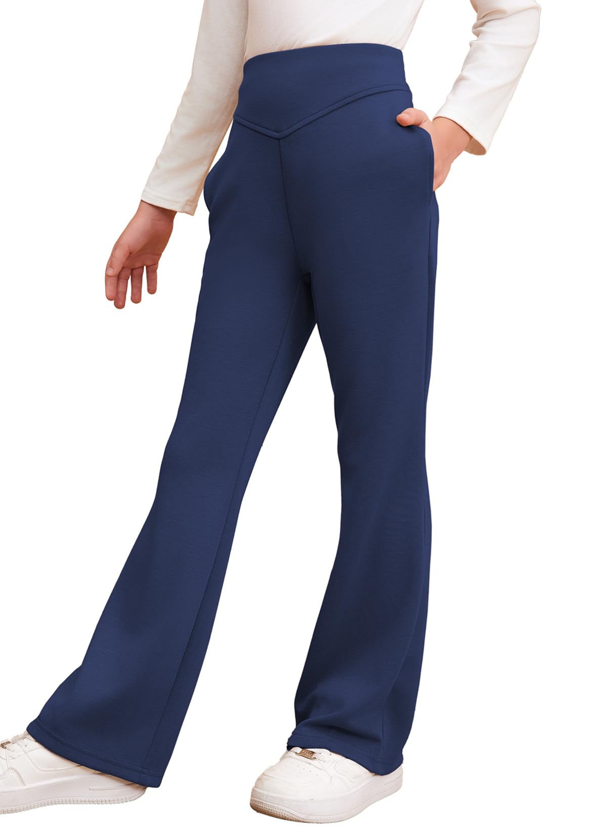 Photo 1 of blibean Teen Girls Flare Pants Big Kid Fall Bell Bottom Leggings Solid Casual School Uniform Elastic High Waist Pant Spring Formal Wide Leg Legging with Pockets Size 12-13 Year Old Navy Blue