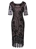 Vijiv Women Vintage 1920s Dresses Floary Beaded Cocktail Flapper Dress with Sleeves Gatsby Party