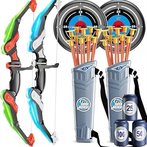 2 Pack Set Bow and Arrow Archery Toy for Kids, LED Light Up with 20 Suction Cup Arrows Target & Quiver, Outdoor Toys - Improve Fine Motor Skills, Hand-eye Coordination and Collaboration Abilities