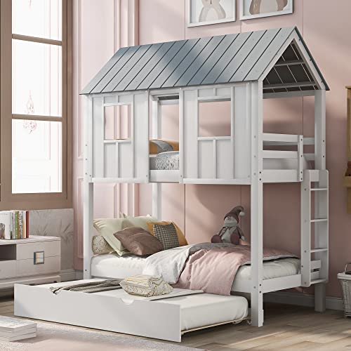 MOEO Twin Over Twin House Bunk Bed with Trundle and Convertible Ladder