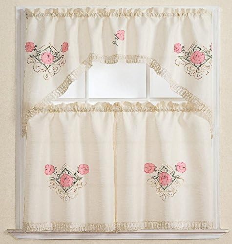 3pc Beige with Embroider Pink Flower Kitchen/cafe Curtain Tier and Swag Set