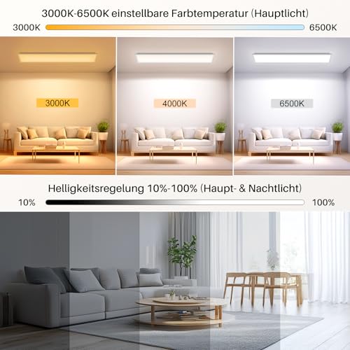LED Ceiling Light Dimmable - LED Panel 100 x 25 cm, 36 W 3600 LM Ceiling Light with Remote Control 3000 K - 6500 K - Night Light Warm - Ceiling Light Flat for Bedroom Children's Room Living Room Kitchen Lamp