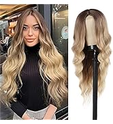 Long Wavy Synthetic Wigs for Women Ombre Blonde Curly Wig Natural Looking Middle Part Wig for Dai...