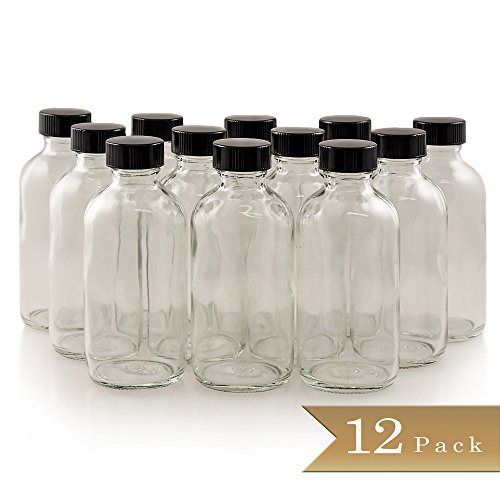 Pack of 12 - 4 Oz Clear Glass Boston Round Bottles with Black Cap