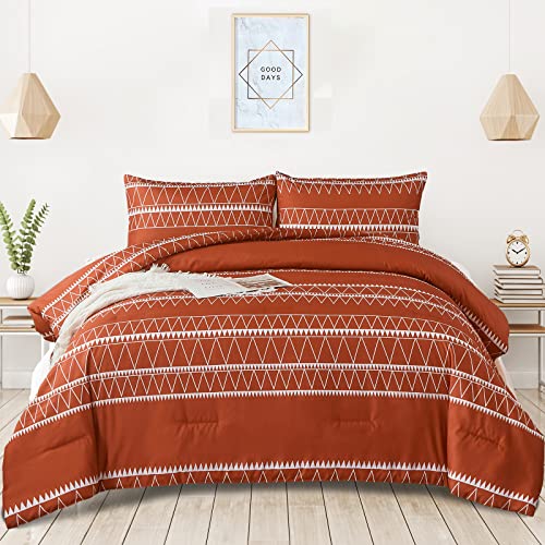 Terracotta Comforter Set Queen Size (90"×90"),Reversible Orange Boho