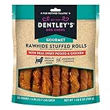 Dentley's Gourmet Rawhide Stuffed Rolls Dog Treats - Sweet Potato & Chicken 25 Rolls Per Pack