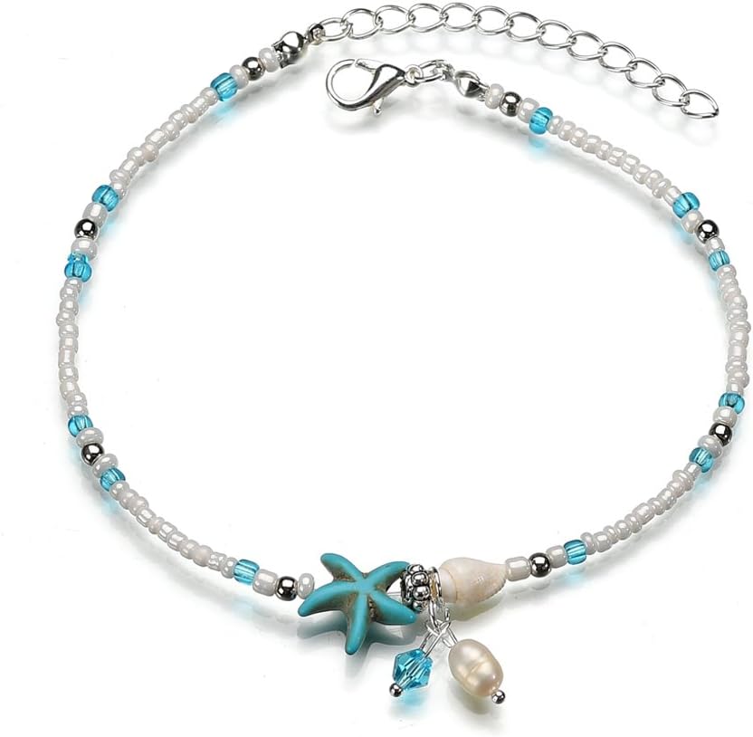 SULYSI Anklet for Women Conch Blue Stone Starfish & Charm Pearl Anklet Chain Bracelet Beach Foot Jewelry