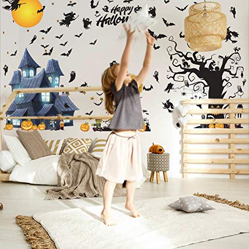 Jeicy 57"x98" Happy Halloween Wall Decals Pumpkins Spooky Cemetery Witch and Bats Tomb Wall Stickers for Halloween Decoration Super Size
